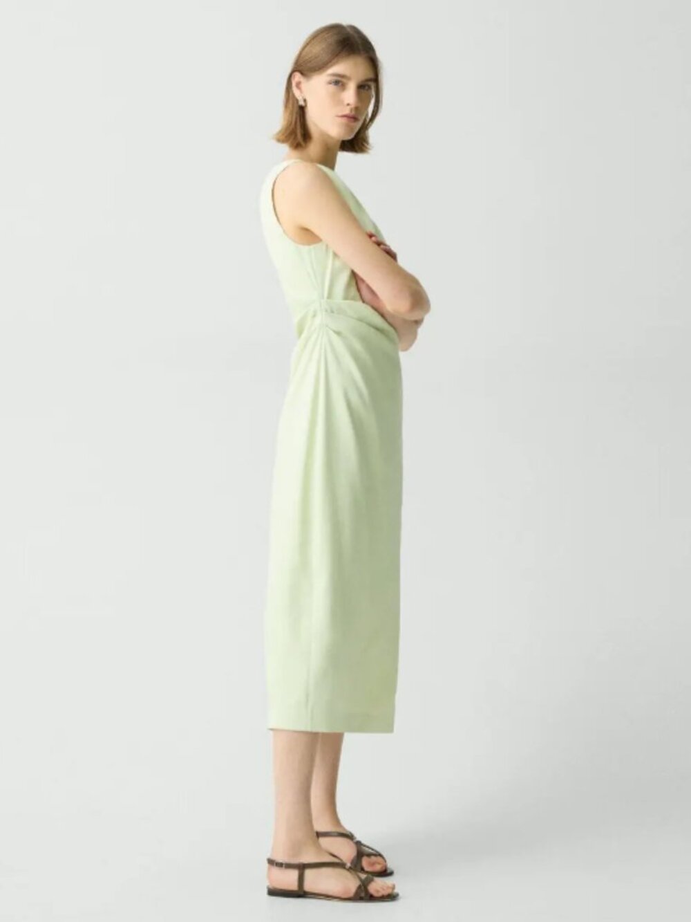 New Theory Linen Blend Draped Midi Dress Aloe - Picture 3 of 10
